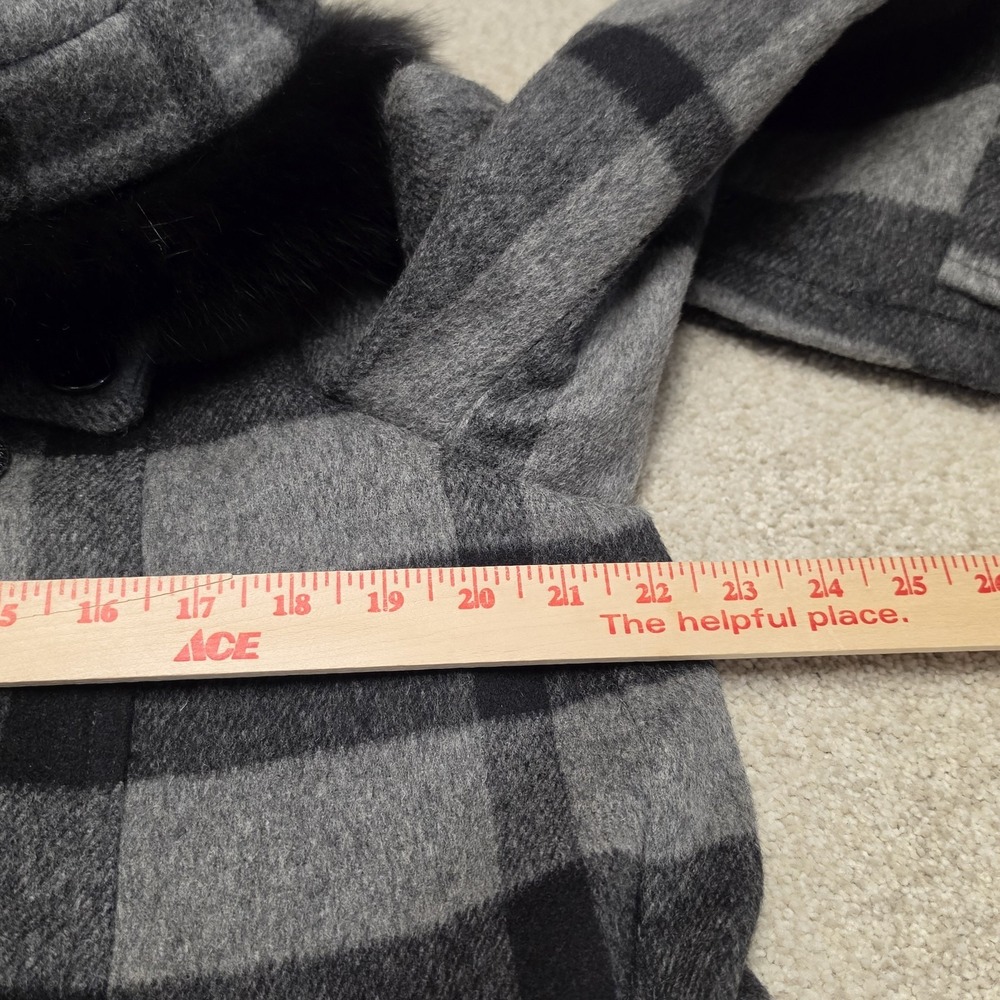 Burberry‎ Brit Gray Plaid Wool Duffle Coat Blue Fox Fur Hood Womens US 10 IT 44 - Picture 8 of 16